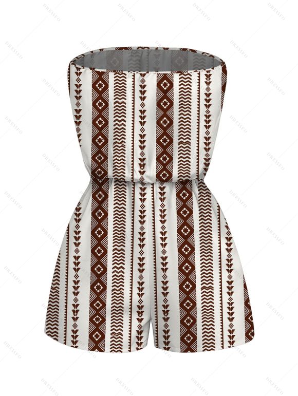 Casual Couple Outfit Geometric Ethnic Print Pocket Off the Shoulder Romper and Shirt Set - Brun S | US 4