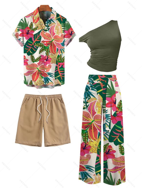 Vacation Couple Outfit Skew Neck Ruched Tank Top Vibrant Tropical Floral Leaf Belt Pants and Shirt Shorts Set - multicolor S | US 4