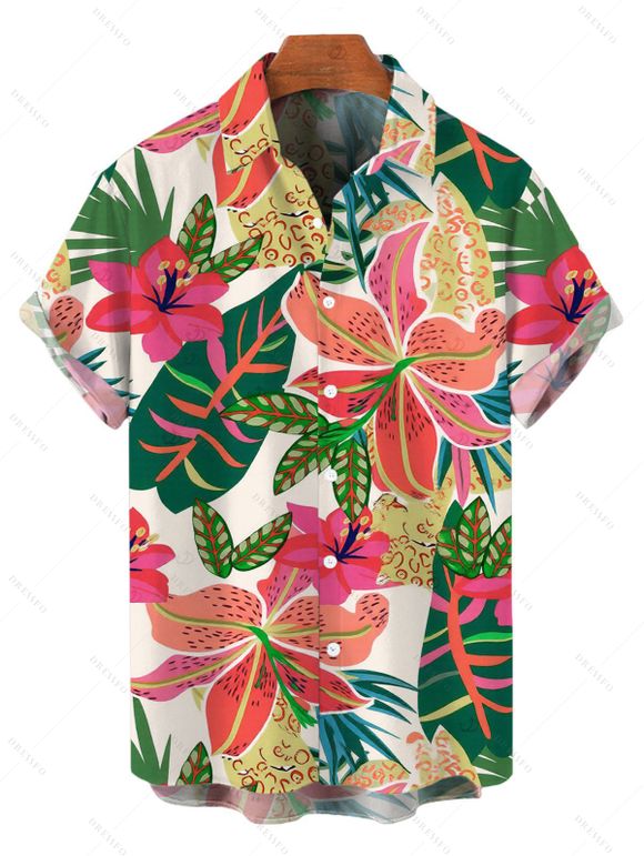 Vacation Couple Outfit Skew Neck Ruched Tank Top Vibrant Tropical Floral Leaf Belt Pants and Shirt Shorts Set - multicolor S | US 4