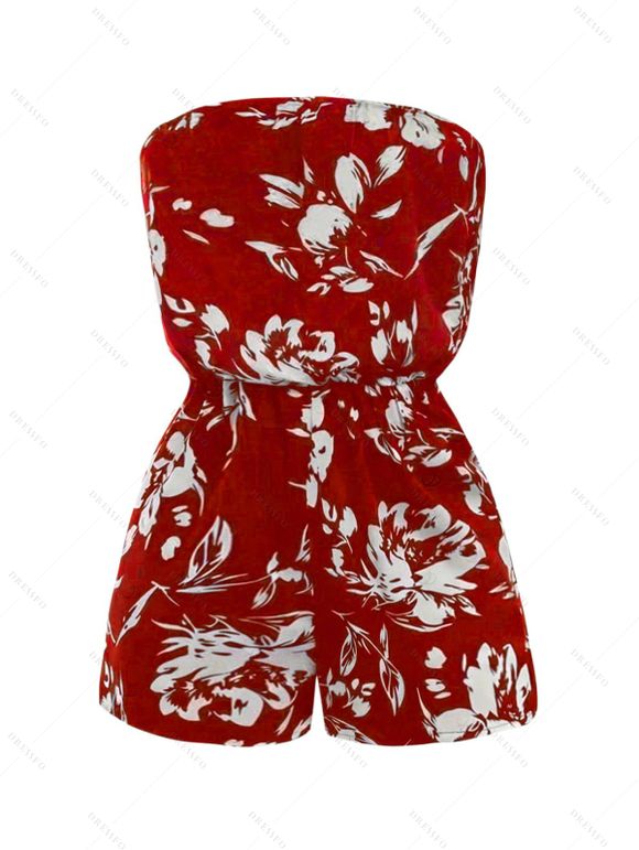 Vacation Romper Colored Flower Tropical Leaf Print Off the Shoulder Romper - Rouge Vineux XXL | US 14
