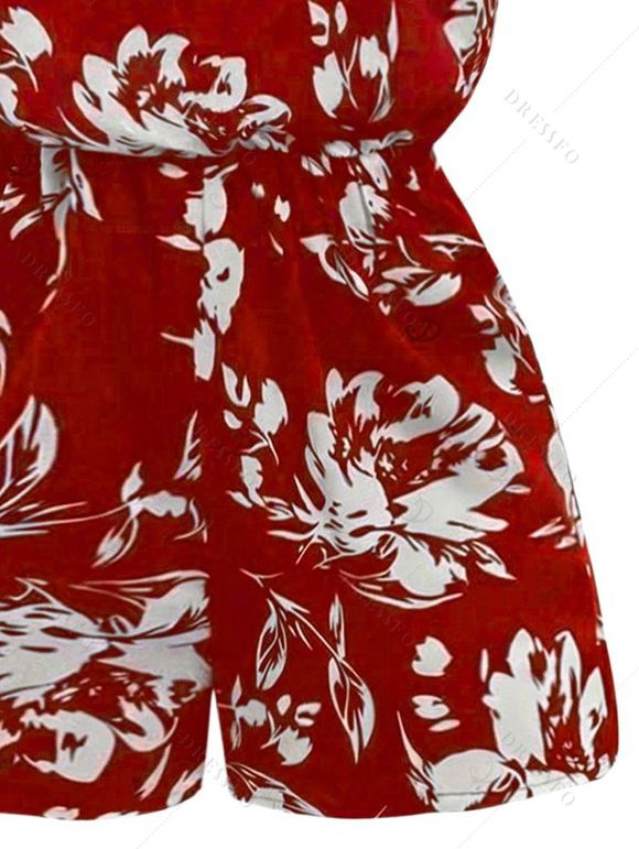 Vacation Romper Colored Flower Tropical Leaf Print Off the Shoulder Romper - Rouge Vineux XXL | US 14