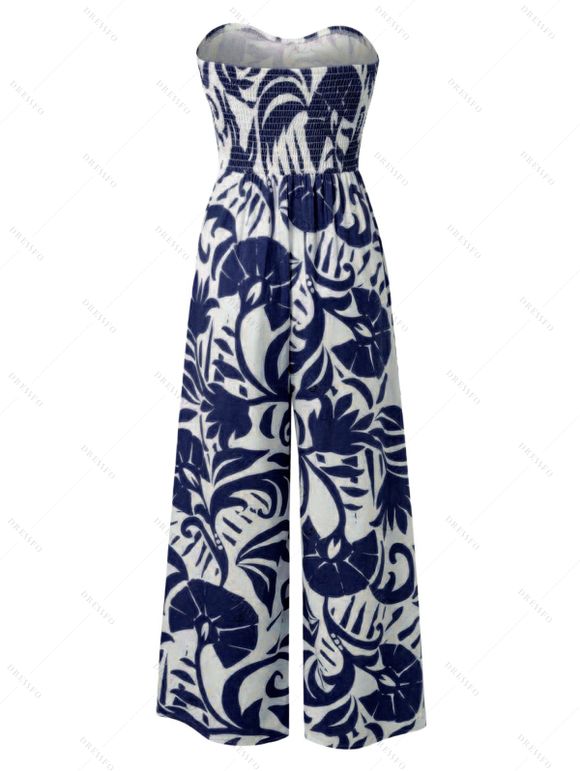 Vacation Jumpsuit Botanical Leaf Silhouette Print Bowknot Off the Shoulder Wide Leg Jumpsuit - Bleu profond XXL | US 14