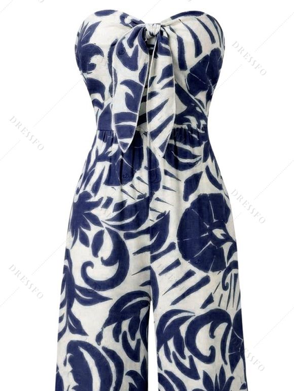 Vacation Jumpsuit Botanical Leaf Silhouette Print Bowknot Off the Shoulder Wide Leg Jumpsuit - Bleu profond XXL | US 14