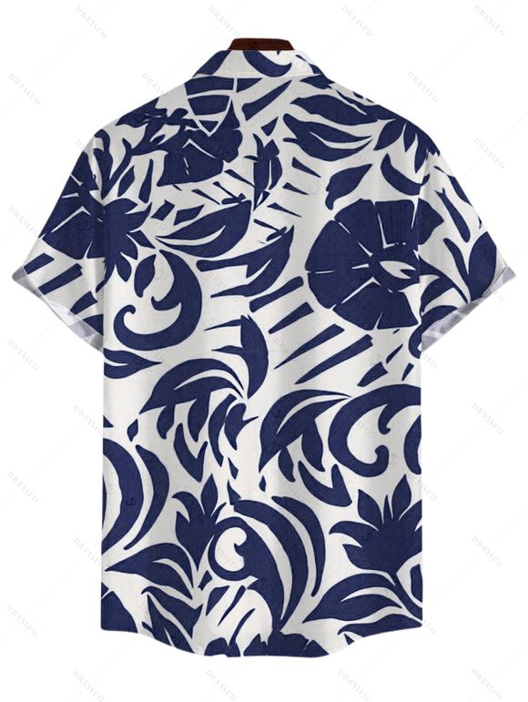Men's Vacation Shirt Botanical Leaf Scroll Silhouette Print Button Up Shirt - Bleu profond 5XL