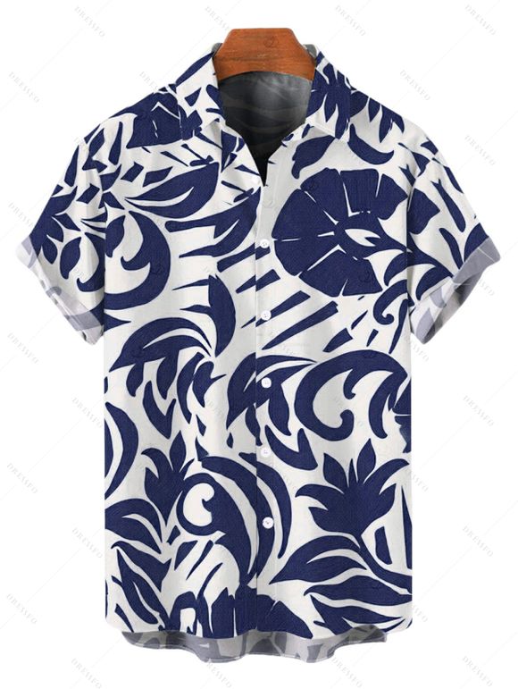 Vacation Couple Outfit Botanical Leaf Print Bowknot Off the Shoulder Jumpsuit and Shirt Set - Bleu S | US 4