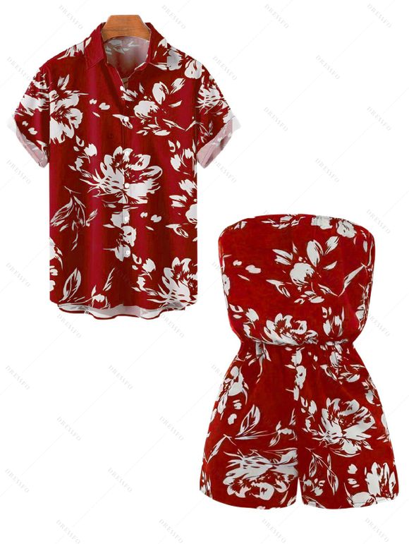 Vacation Couple Outfit Abstract Flower Leaf Print Off the Shoulder Romper and Shirt Set - Rouge Vineux S | US 4