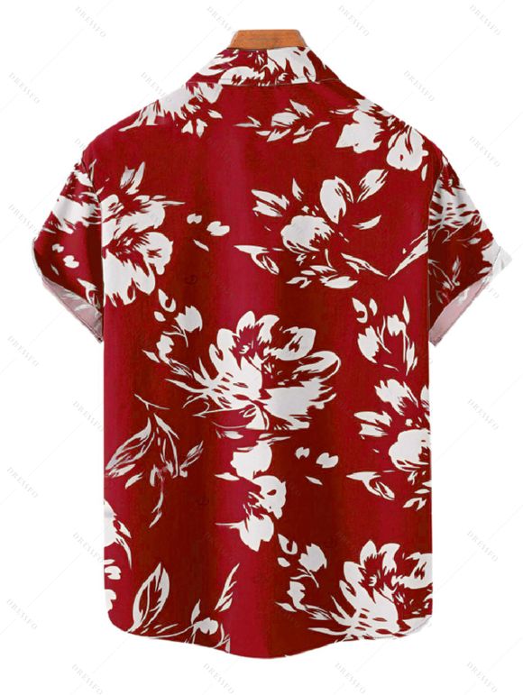 Vacation Couple Outfit Abstract Flower Leaf Print Off the Shoulder Romper and Shirt Set - Rouge Vineux S | US 4