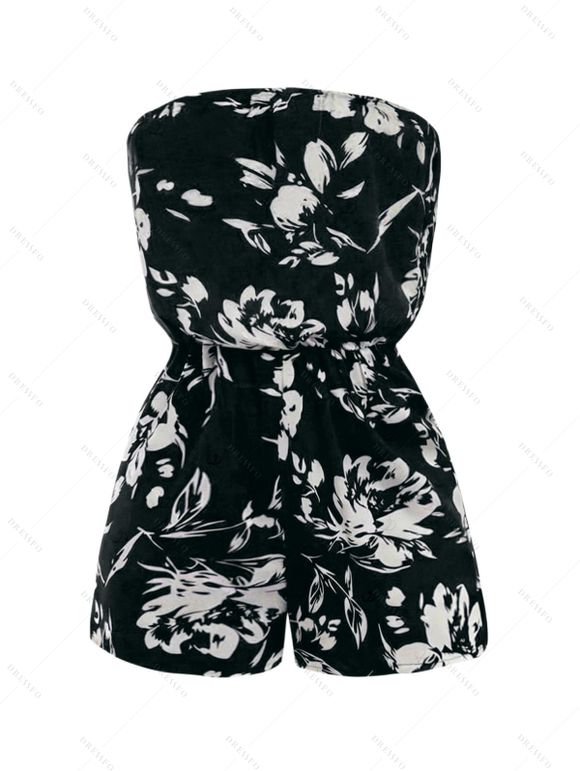 Vacation Romper Colored Flower Tropical Leaf Print Off the Shoulder Romper - Noir XXL | US 14