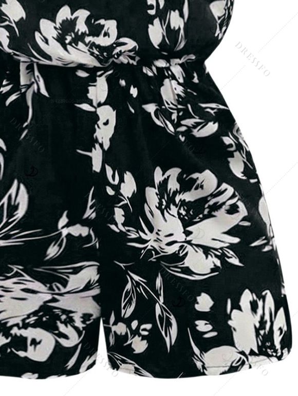 Vacation Romper Colored Flower Tropical Leaf Print Off the Shoulder Romper - Noir XXL | US 14