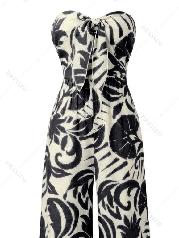 Vacation Jumpsuit Botanical Leaf Silhouette Print Bowknot Off the Shoulder Wide Leg Jumpsuit - Noir XXL | US 14