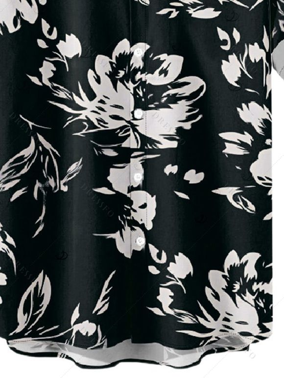 Men's Button Up Shirt Abstract Flower Leaf Print Vacation Shirt - Noir S