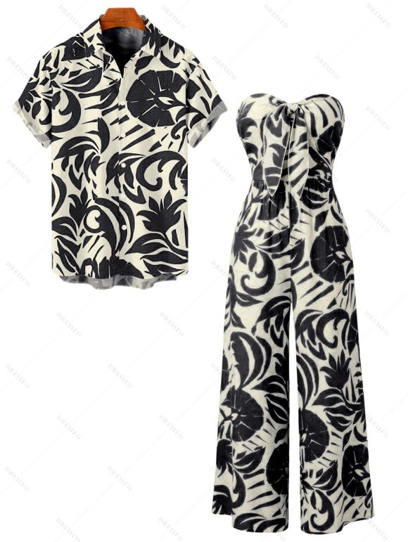 Vacation Couple Outfit Botanical Leaf Print Bowknot Off the Shoulder Jumpsuit and Shirt Set - Noir S | US 4