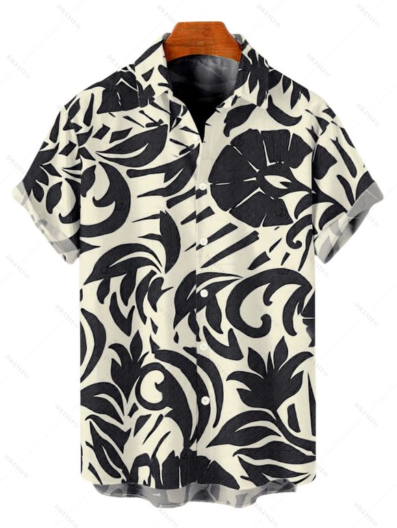 Vacation Couple Outfit Botanical Leaf Print Bowknot Off the Shoulder Jumpsuit and Shirt Set - Noir S | US 4