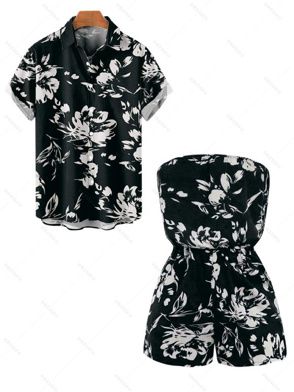 Vacation Couple Outfit Abstract Flower Leaf Print Off the Shoulder Romper and Shirt Set - Noir S | US 4