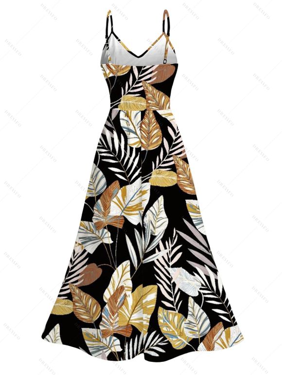 Hawaiian Vacation Dress Retro Tropical Botanical Leaf Print Lace Hollow Out Slit Beach Dress - Noir XXXXXL | US 20