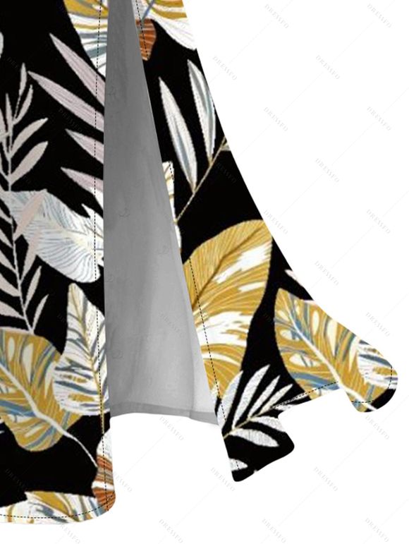 Hawaiian Vacation Dress Retro Tropical Botanical Leaf Print Lace Hollow Out Slit Beach Dress - Noir XXXXXL | US 20