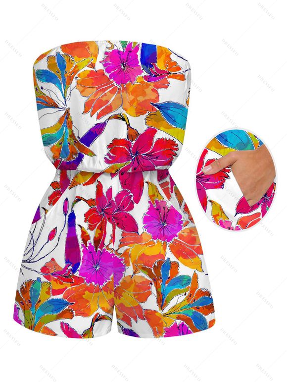 Hawaiian Vacation Romper Colorful Watercolor Floral Print Pocket Off the Shoulder Romper - Orange S | US 4