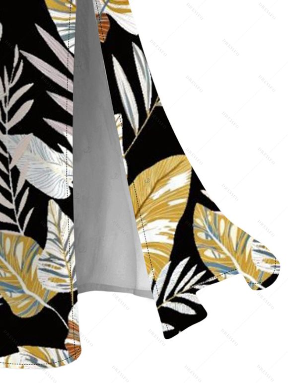 Hawaiian Vacation Couple Outfit Retro Tropical Botanical Leaf Print Lace Hollow Out Slit Dress and Shirt Beach Set - Noir S | US 4