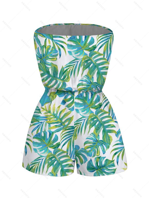 Hawaiian Vacation Romper Watercolor Monstera Palm Leaf Print Pocket Off the Shoulder Beach Romper - Vert clair S | US 4