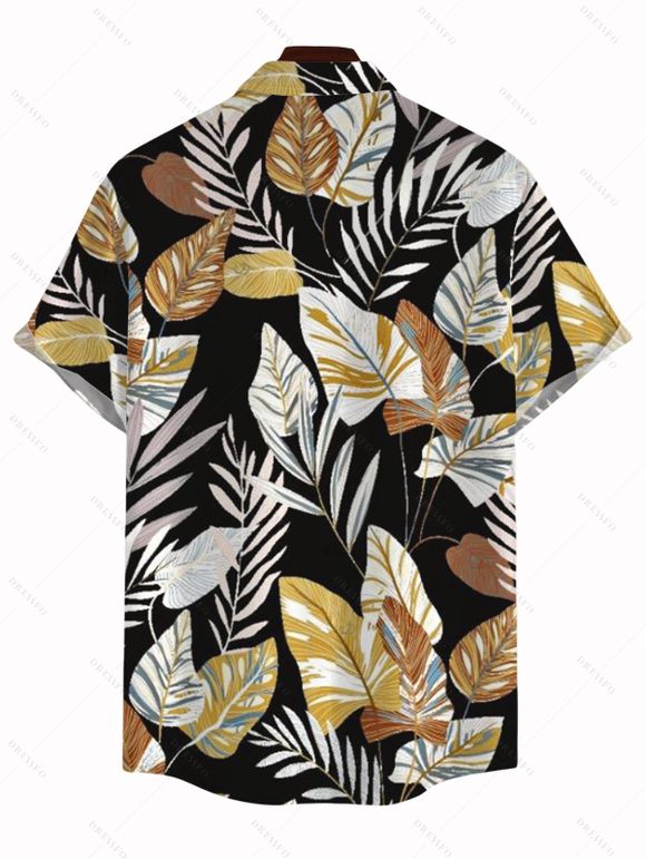 Hawaiian Vacation Couple Outfit Retro Tropical Botanical Leaf Print Lace Hollow Out Slit Dress and Shirt Beach Set - Noir S | US 4