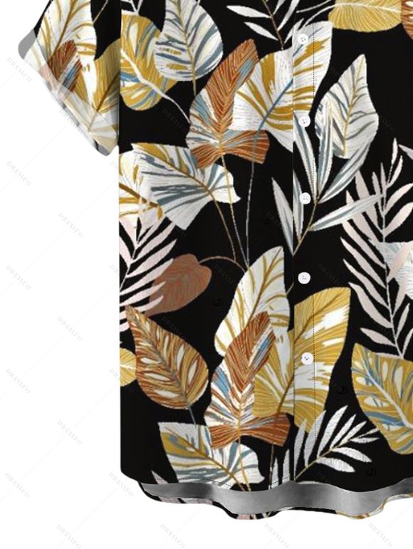 Hawaiian Vacation Couple Outfit Retro Tropical Botanical Leaf Print Lace Hollow Out Slit Dress and Shirt Beach Set - Noir S | US 4
