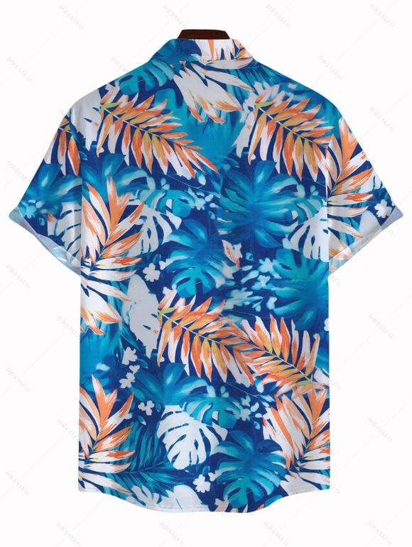 Hawaiian Couple Outfit Colorblock Tropical Monstera Leaf Print Bowknot Pocket Off the Shoulder Jumpsuit and Shirt Set - Bleu Toile de Jean S | US 4