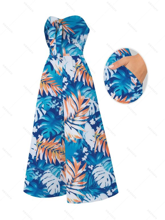 Hawaiian Couple Outfit Colorblock Tropical Monstera Leaf Print Bowknot Pocket Off the Shoulder Jumpsuit and Shirt Set - Bleu Toile de Jean S | US 4