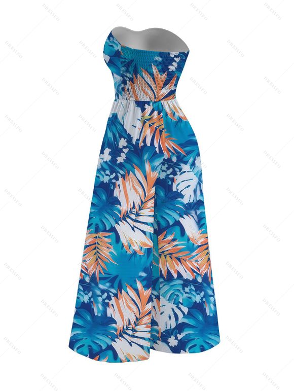 Hawaiian Couple Outfit Colorblock Tropical Monstera Leaf Print Bowknot Pocket Off the Shoulder Jumpsuit and Shirt Set - Bleu Toile de Jean S | US 4