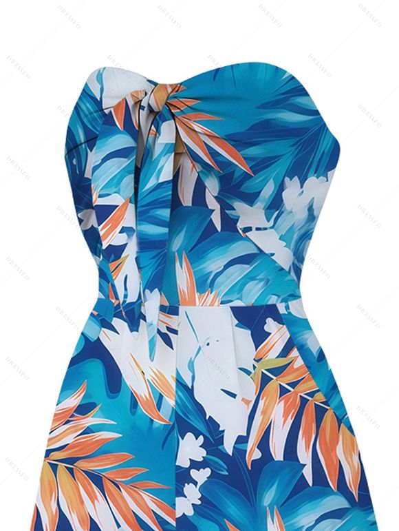 Hawaiian Couple Outfit Colorblock Tropical Monstera Leaf Print Bowknot Pocket Off the Shoulder Jumpsuit and Shirt Set - Bleu Toile de Jean S | US 4