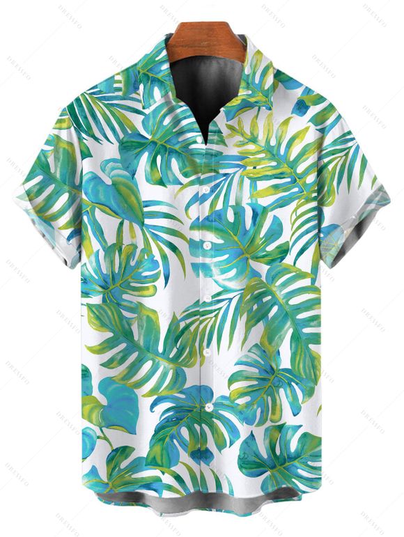 Hawaiian Vacation Couple Outfit Watercolor Monstera Palm Leaf Print Pocket Off the Shoulder Romper and Shirt Set - Vert clair S | US 4