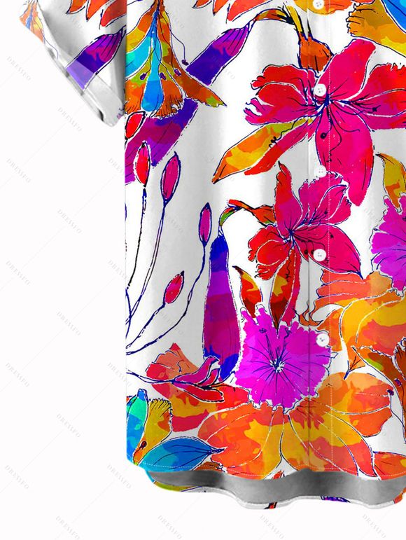Men's Hawaiian Vacation Shirt Colorful Watercolor Floral Print Button Up Shirt - Orange 5XL