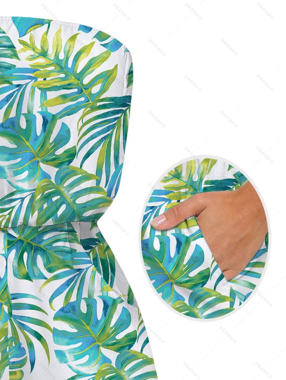 Hawaiian Vacation Couple Outfit Watercolor Monstera Palm Leaf Print Pocket Off the Shoulder Romper and Shirt Set - Vert clair S | US 4