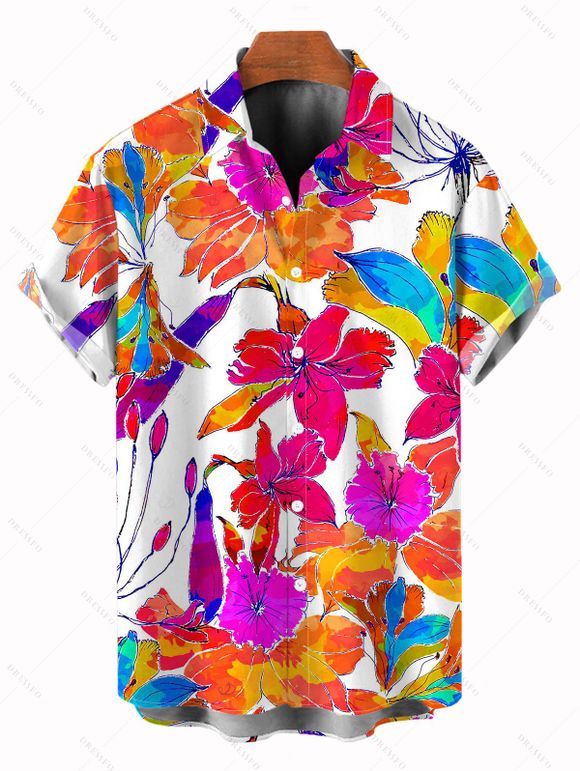 Hawaiian Vacation Couple Outfit Colorful Watercolor Floral Print Pocket Off the Shoulder Romper and Shirt Set - Orange S | US 4