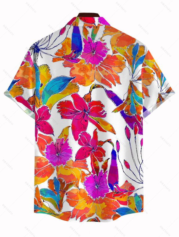 Hawaiian Vacation Couple Outfit Colorful Watercolor Floral Print Pocket Off the Shoulder Romper and Shirt Set - Orange S | US 4