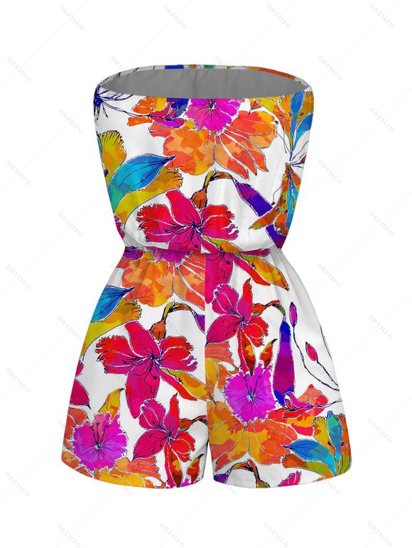 Hawaiian Vacation Couple Outfit Colorful Watercolor Floral Print Pocket Off the Shoulder Romper and Shirt Set - Orange S | US 4