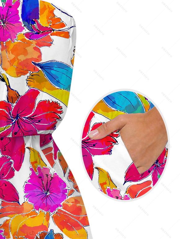 Hawaiian Vacation Couple Outfit Colorful Watercolor Floral Print Pocket Off the Shoulder Romper and Shirt Set - Orange S | US 4