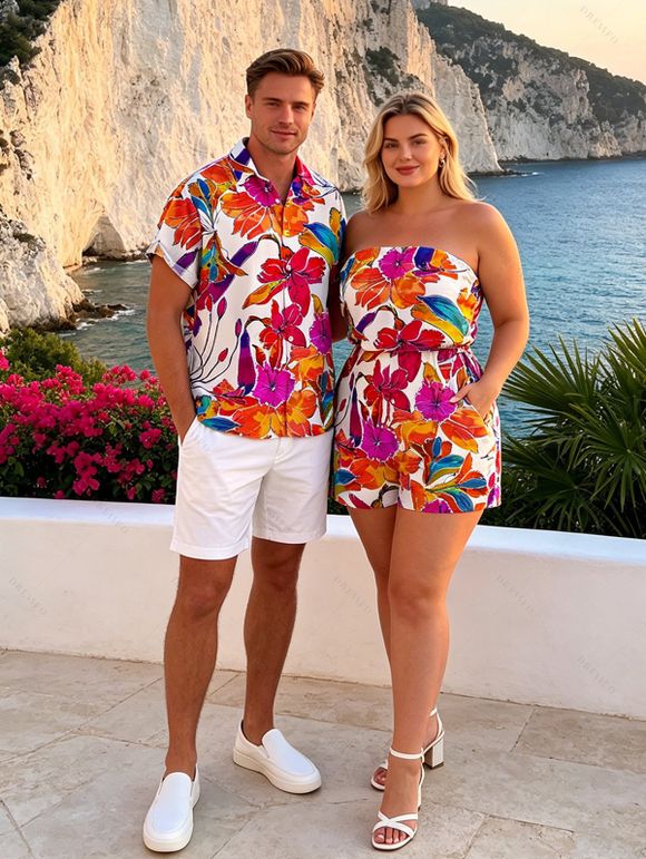 Hawaiian Vacation Couple Outfit Colorful Watercolor Floral Print Pocket Off the Shoulder Romper and Shirt Set - Orange S | US 4