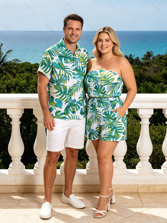 Hawaiian Vacation Couple Outfit Watercolor Monstera Palm Leaf Print Pocket Off the Shoulder Romper and Shirt Set - Vert clair S | US 4