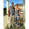 Vacation Couple Outfit Botanical Leaf Print Bowknot Off the Shoulder Jumpsuit and Shirt Set - Bleu S | US 4