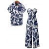 Vacation Couple Outfit Botanical Leaf Print Bowknot Off the Shoulder Jumpsuit and Shirt Set - Bleu S | US 4