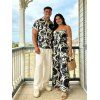 Vacation Couple Outfit Botanical Leaf Print Bowknot Off the Shoulder Jumpsuit and Shirt Set - Noir S | US 4