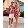 Hawaiian Vacation Couple Outfit Colorful Watercolor Floral Print Pocket Off the Shoulder Romper and Shirt Set - Orange S | US 4