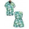 Hawaiian Vacation Couple Outfit Watercolor Monstera Palm Leaf Print Pocket Off the Shoulder Romper and Shirt Set - Vert clair S | US 4