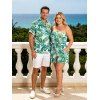 Hawaiian Vacation Couple Outfit Watercolor Monstera Palm Leaf Print Pocket Off the Shoulder Romper and Shirt Set - Vert clair S | US 4