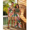 Vacation Couple Outfit Skew Neck Ruched Tank Top Vibrant Tropical Floral Leaf Belt Pants and Shirt Shorts Set - multicolor S | US 4