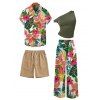 Vacation Couple Outfit Skew Neck Ruched Tank Top Vibrant Tropical Floral Leaf Belt Pants and Shirt Shorts Set - multicolor S | US 4