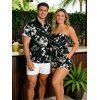 Vacation Couple Outfit Abstract Flower Leaf Print Off the Shoulder Romper and Shirt Set - Noir S | US 4