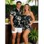 Vacation Couple Outfit Abstract Flower Leaf Print Off the Shoulder Romper and Shirt Set - Noir S | US 4