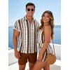Casual Couple Outfit Geometric Ethnic Print Pocket Off the Shoulder Romper and Shirt Set - Brun S | US 4