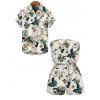 Vacation Couple Outfit Tropical Hibiscus Floral Monstera Leaf Print Pocket Off the Shoulder Romper and Shirt Set - Beige S | US 4